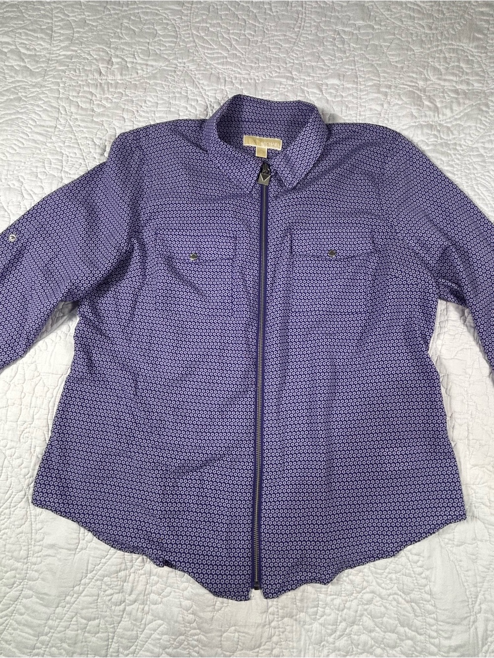 MICHAEL Michael Kors Royal Blue Patterned Zip-Front Blouse